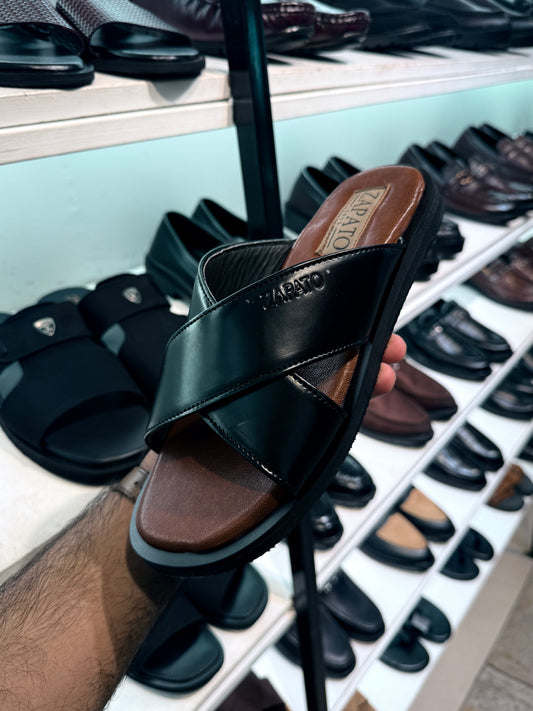 ZAPATO Men's Black Cross-Strap Sandals | Premium Style
